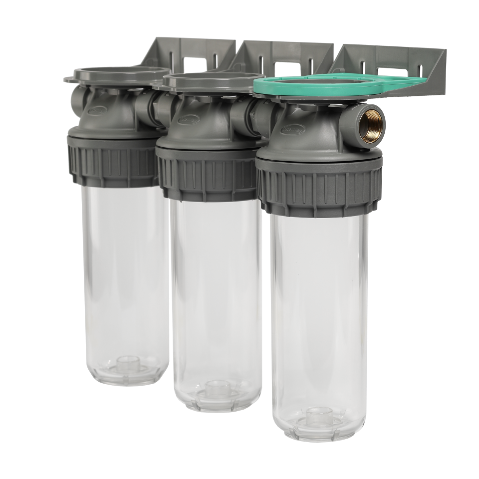 Plastic housing filter 3P ECO TRIPLEX 9" ¾ transparent PET bowl ½ – ½"