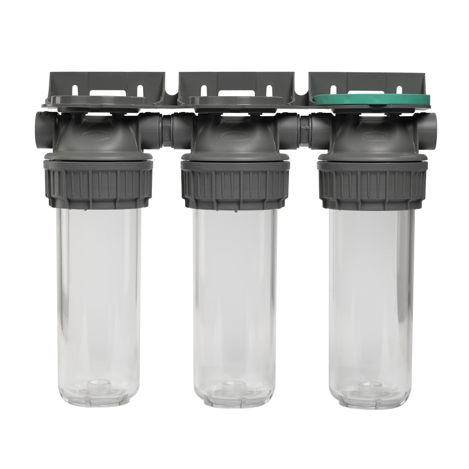 Plastic housing filter 3P ECO TRIPLEX 9" ¾ transparent PET bowl ½ – ½"