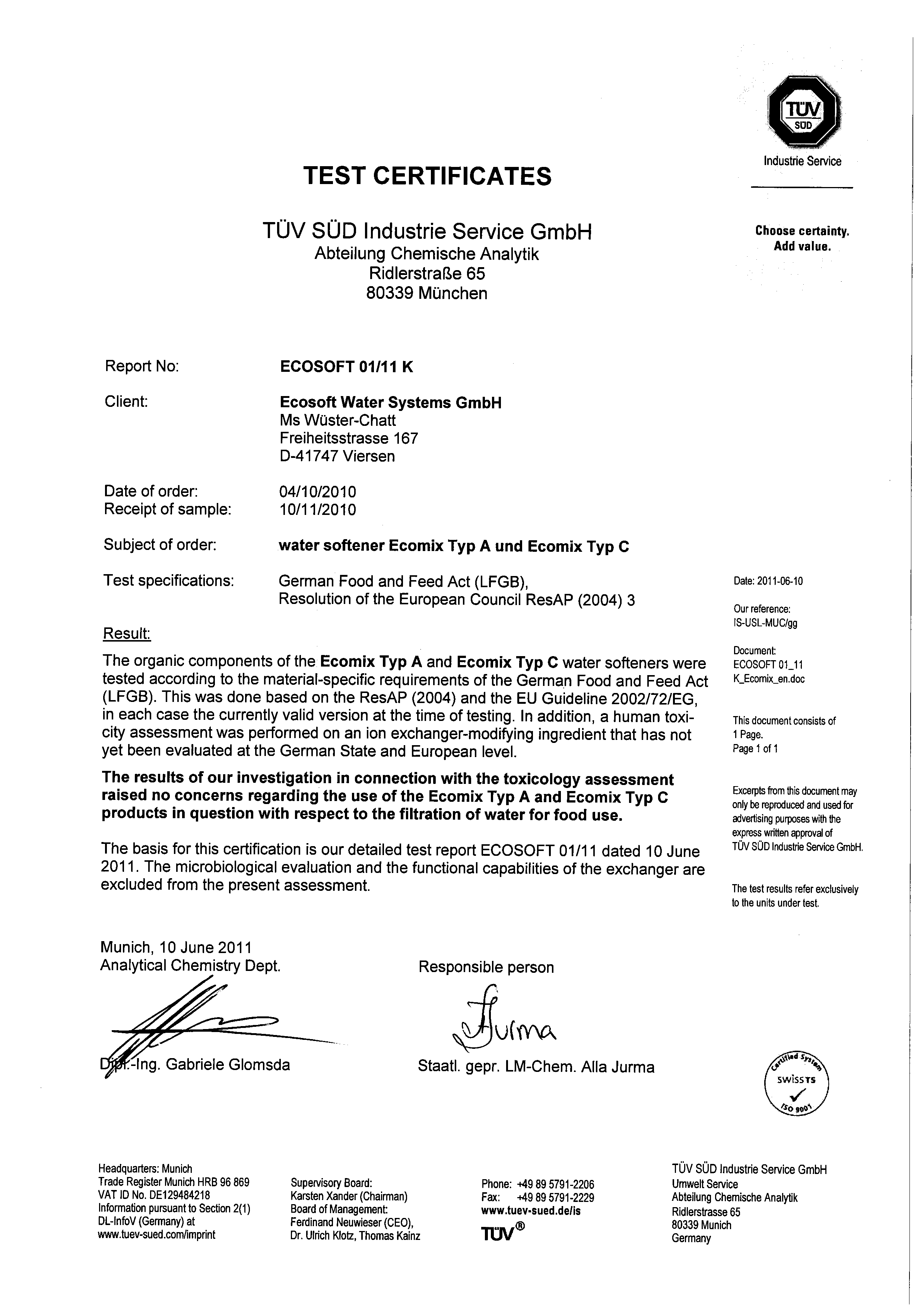 CERTIFICATE OF CONFORMITY FOR ECOSOFT’S ECOMIX FILTER MATERIAL