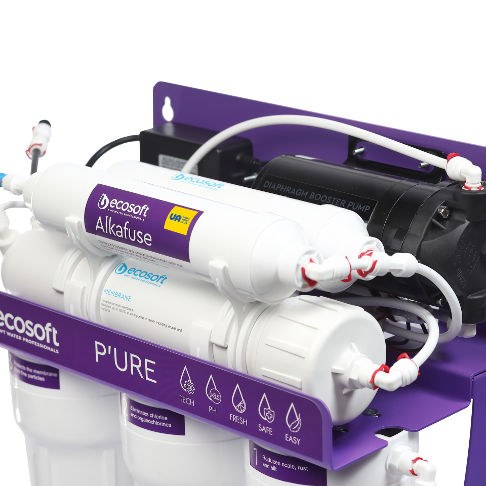 PURE Alkafuse reverse osmosis filter on metal rack with pump
