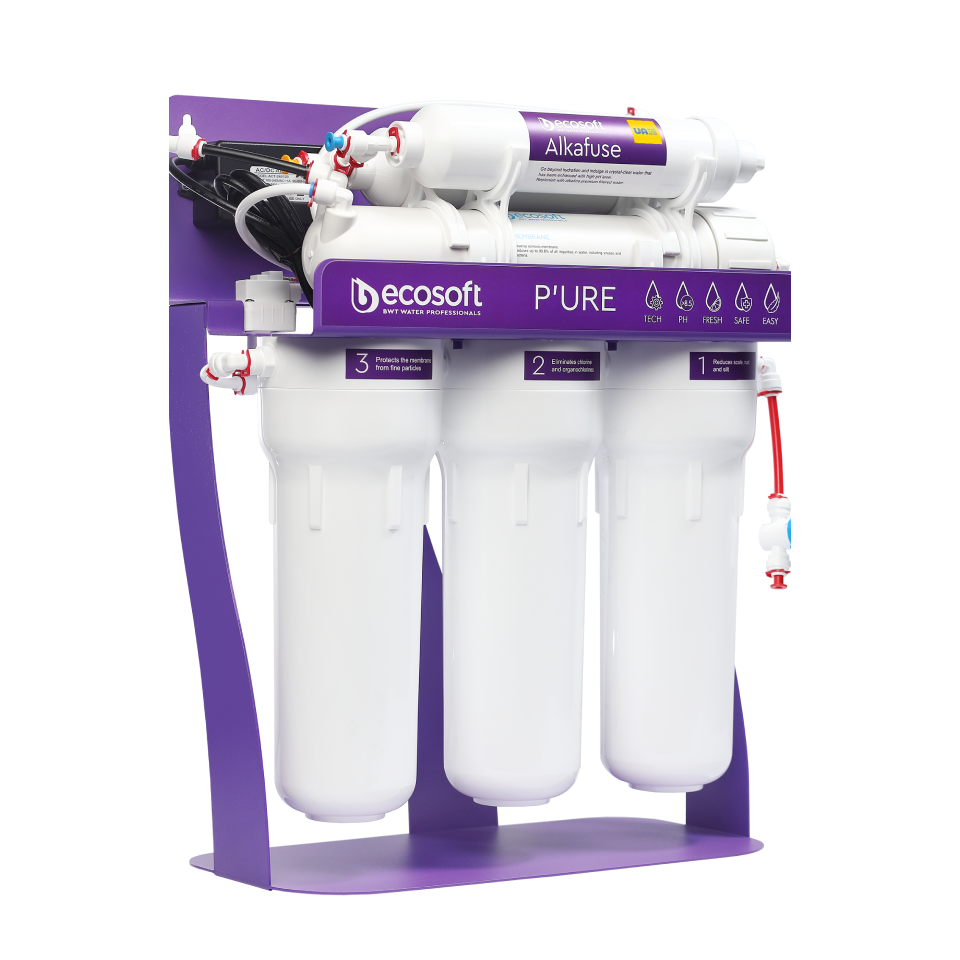 PURE Alkafuse reverse osmosis filter on metal rack with pump
