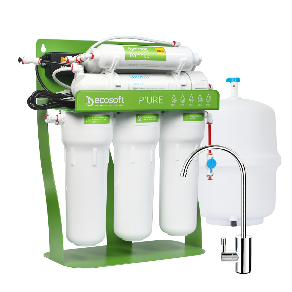 PURE Balance reverse osmosis filter on metal rack with pump