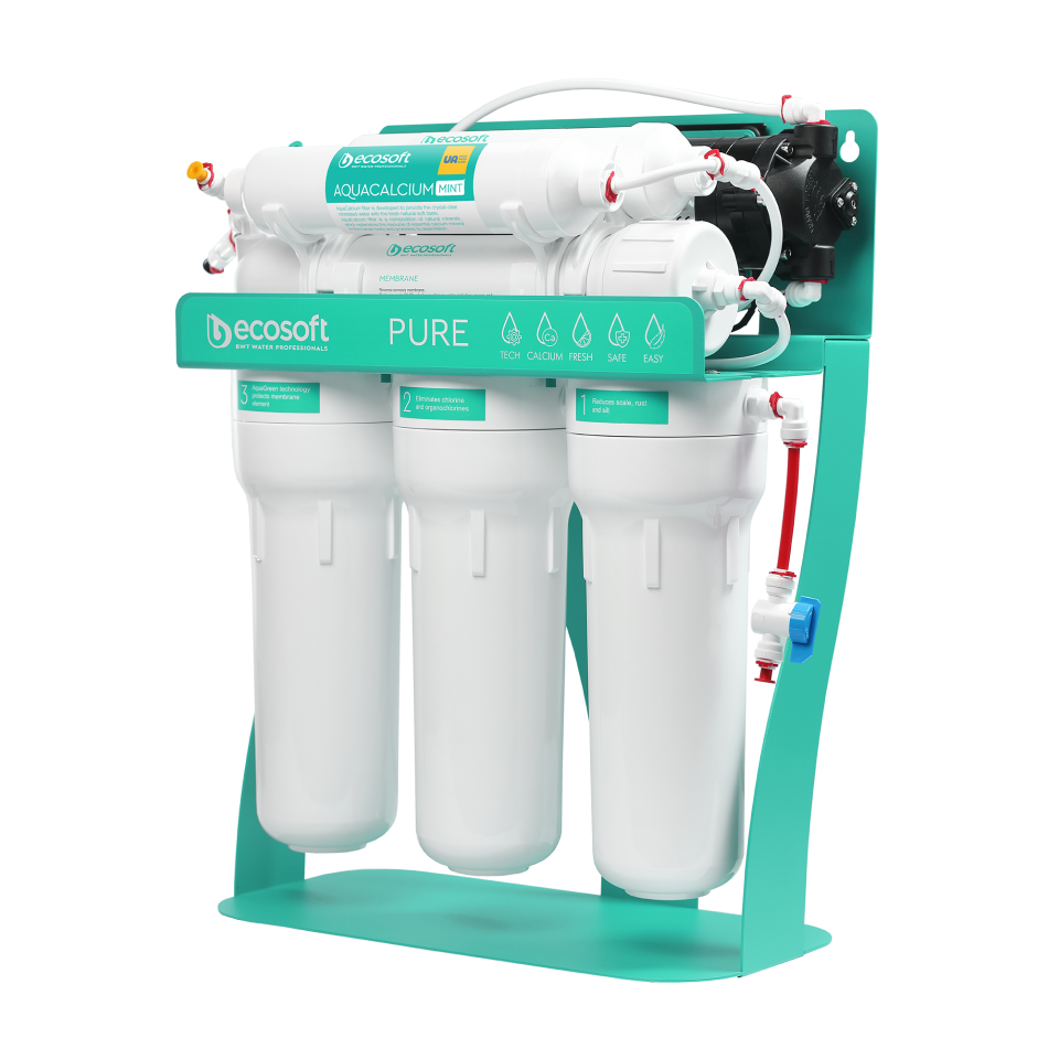 PURE AquaCalcium Mint reverse osmosis filter with pump on metal rack
