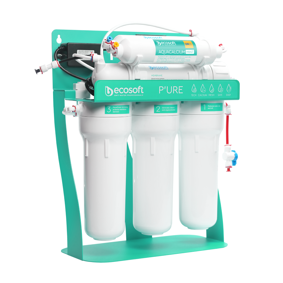 PURE AquaCalcium Mint reverse osmosis filter with pump on metal rack