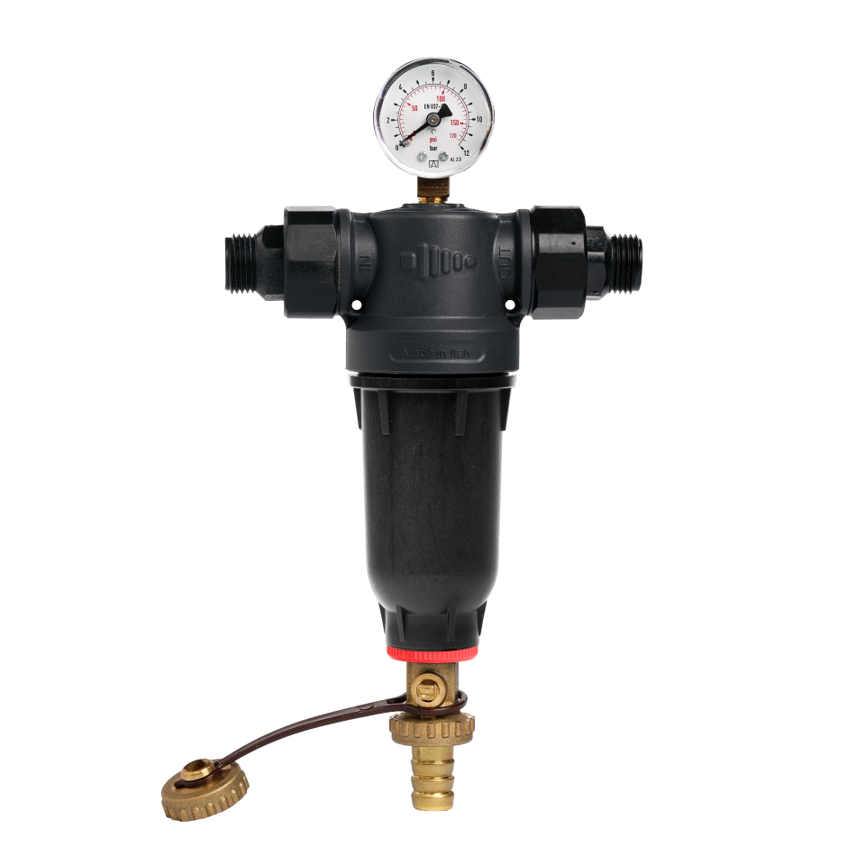 Self-Cleaning PA-R filter with 304 stainless steel mesh cartridges. with ½” FM and ¾” M connection