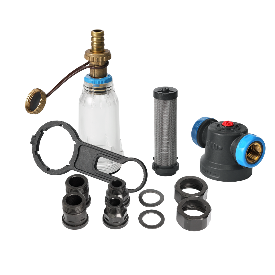 Self-Cleaning SAN filter with 304 stainless steel mesh cartridges with ½” FM and ¾” M connection