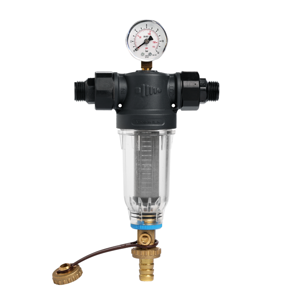 Self-Cleaning SAN filter with 304 stainless steel mesh cartridges with ½” FM and ¾” M connection